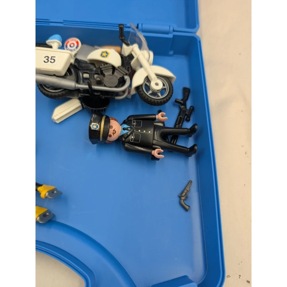Playmobil Carrying Case W Figures Accessories Police Motorcycle Hockey Players